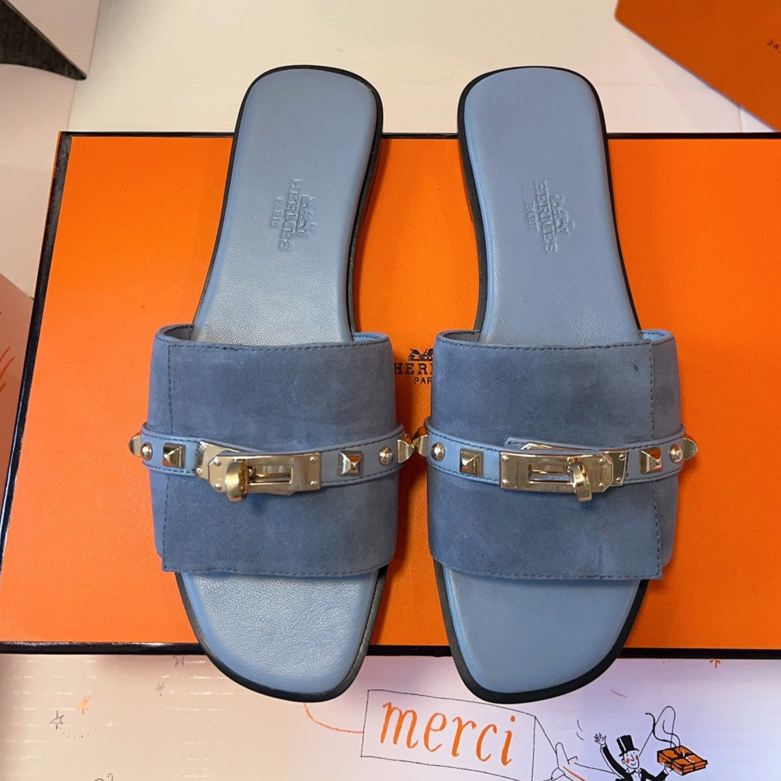 Hermes Giulia Flat Sandal in Cerulean Blue Suede