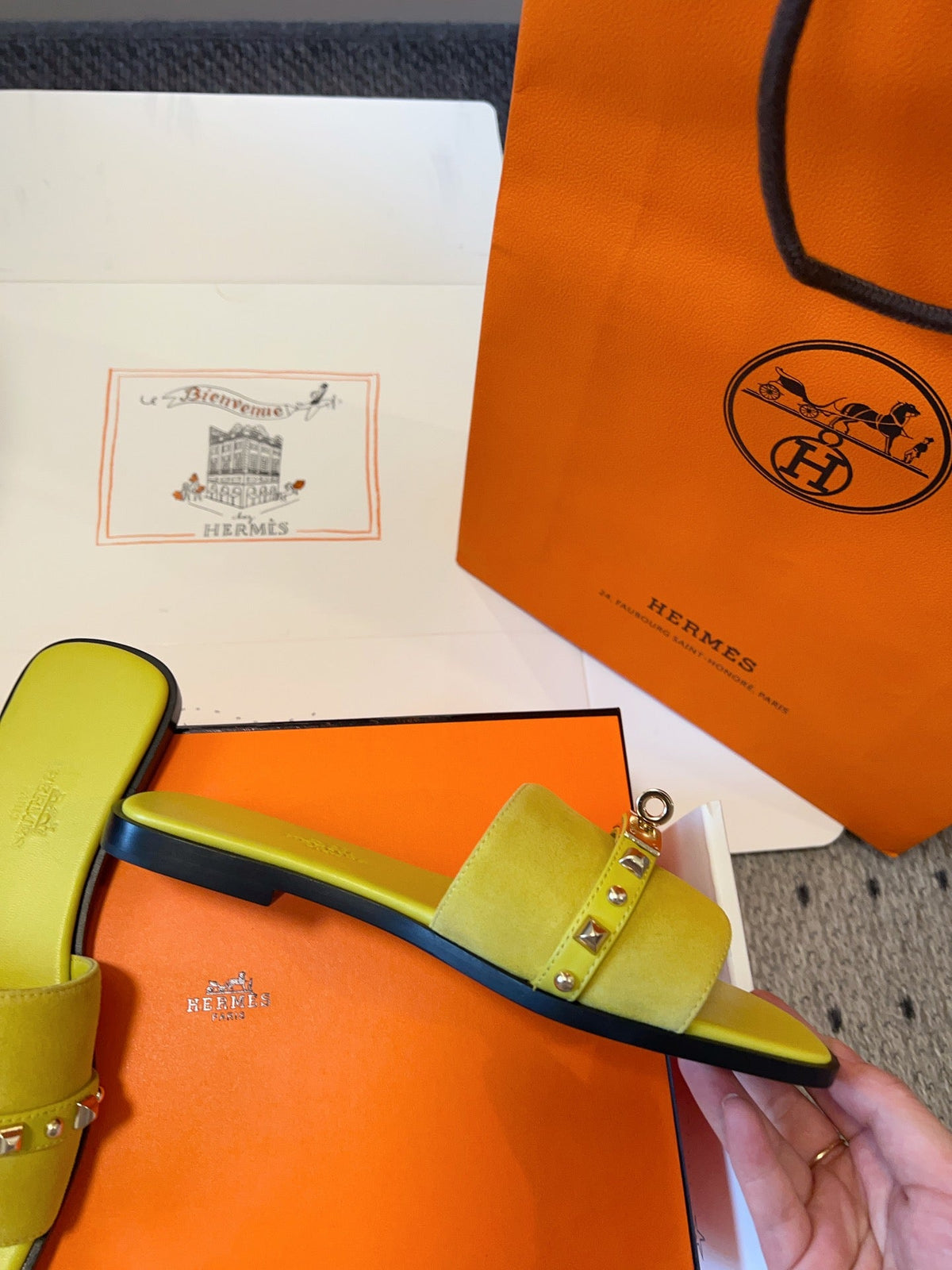 Hermes Giulia Flat Sandal in Neon Yellow Suede