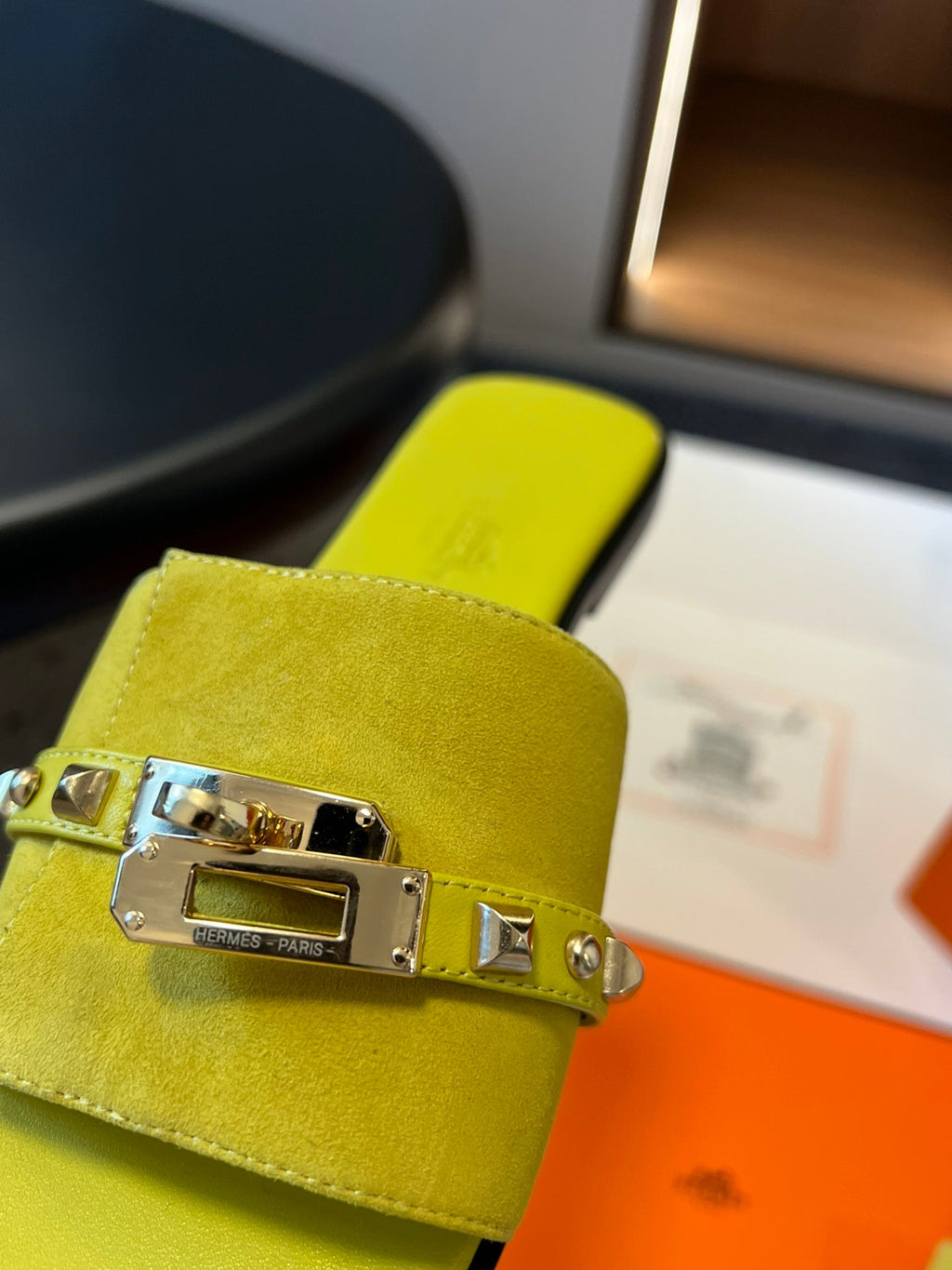 Hermes Giulia Flat Sandal in Neon Yellow Suede