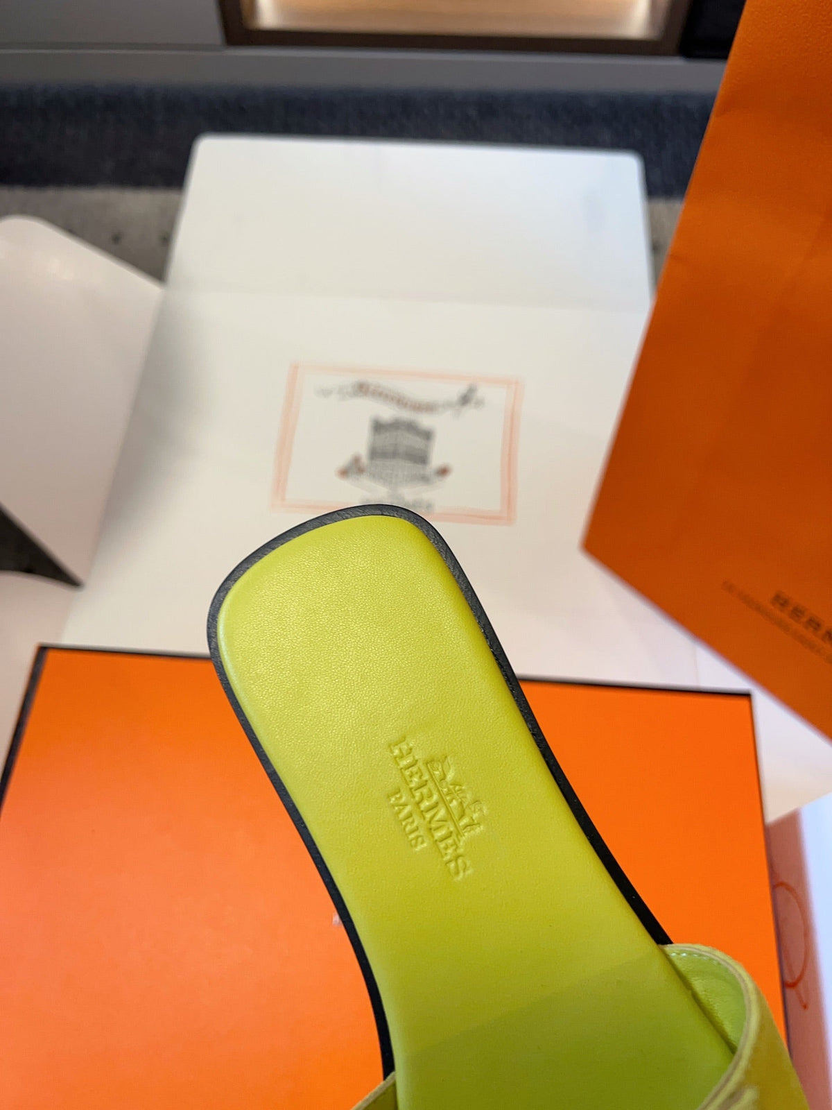 Hermes Giulia Flat Sandal in Neon Yellow Suede