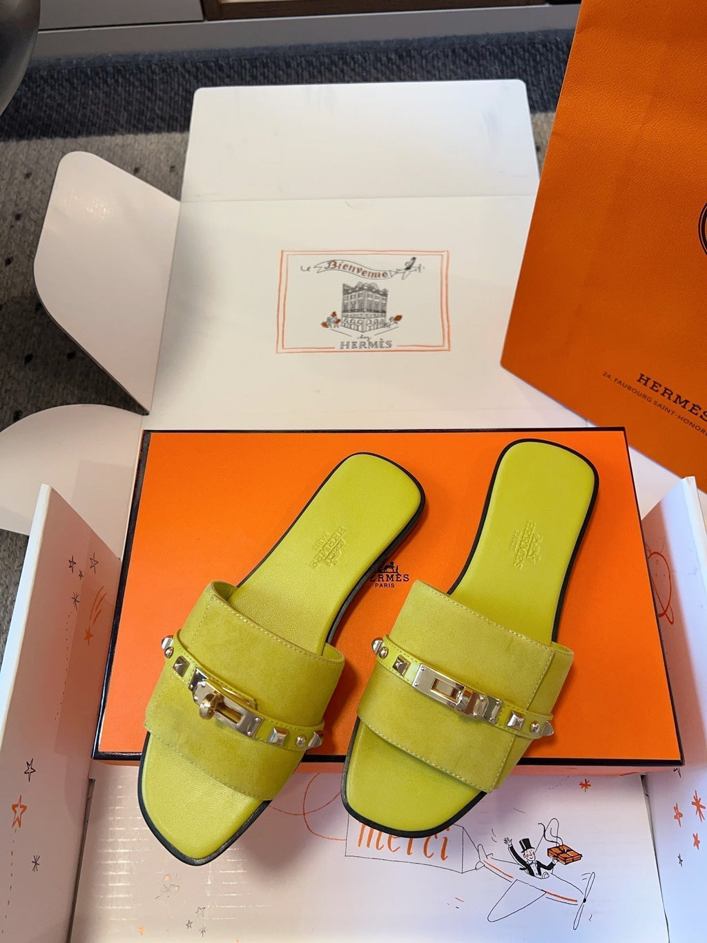 Hermes Giulia Flat Sandal in Neon Yellow Suede