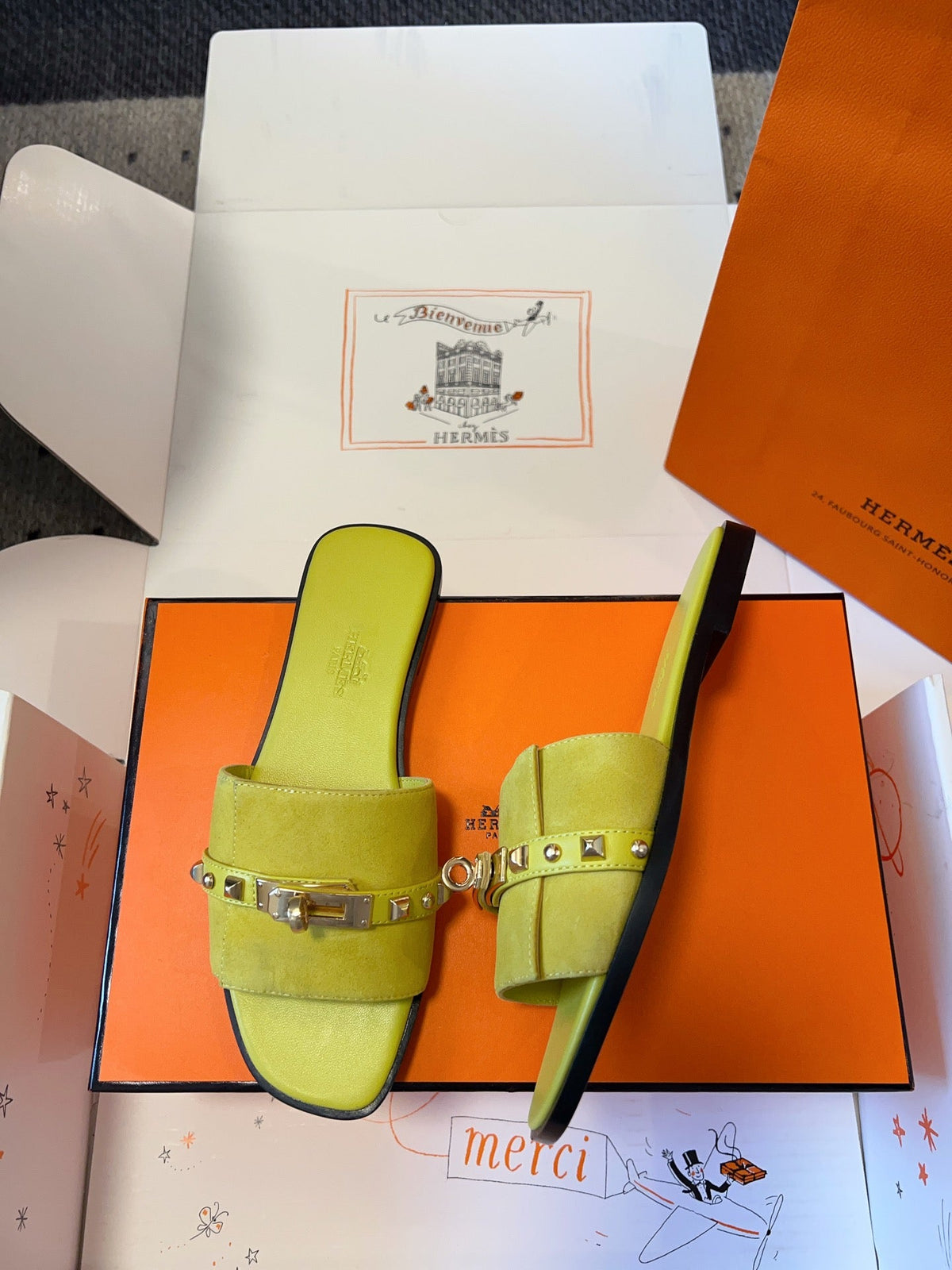 Hermes Giulia Flat Sandal in Neon Yellow Suede