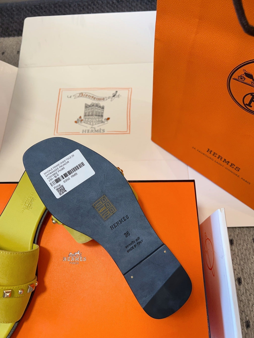 Hermes Giulia Flat Sandal in Neon Yellow Suede