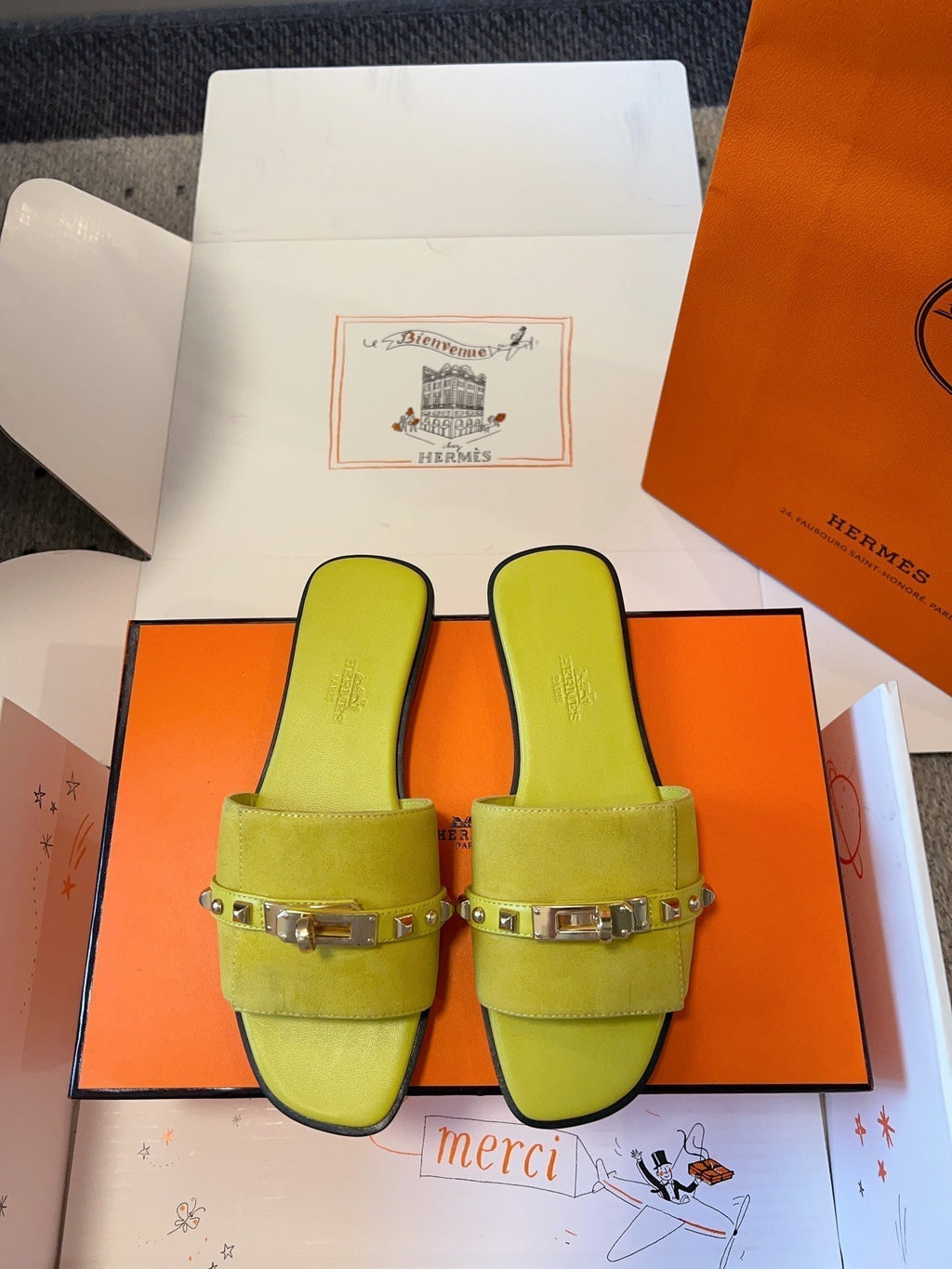 Hermes Giulia Flat Sandal in Neon Yellow Suede