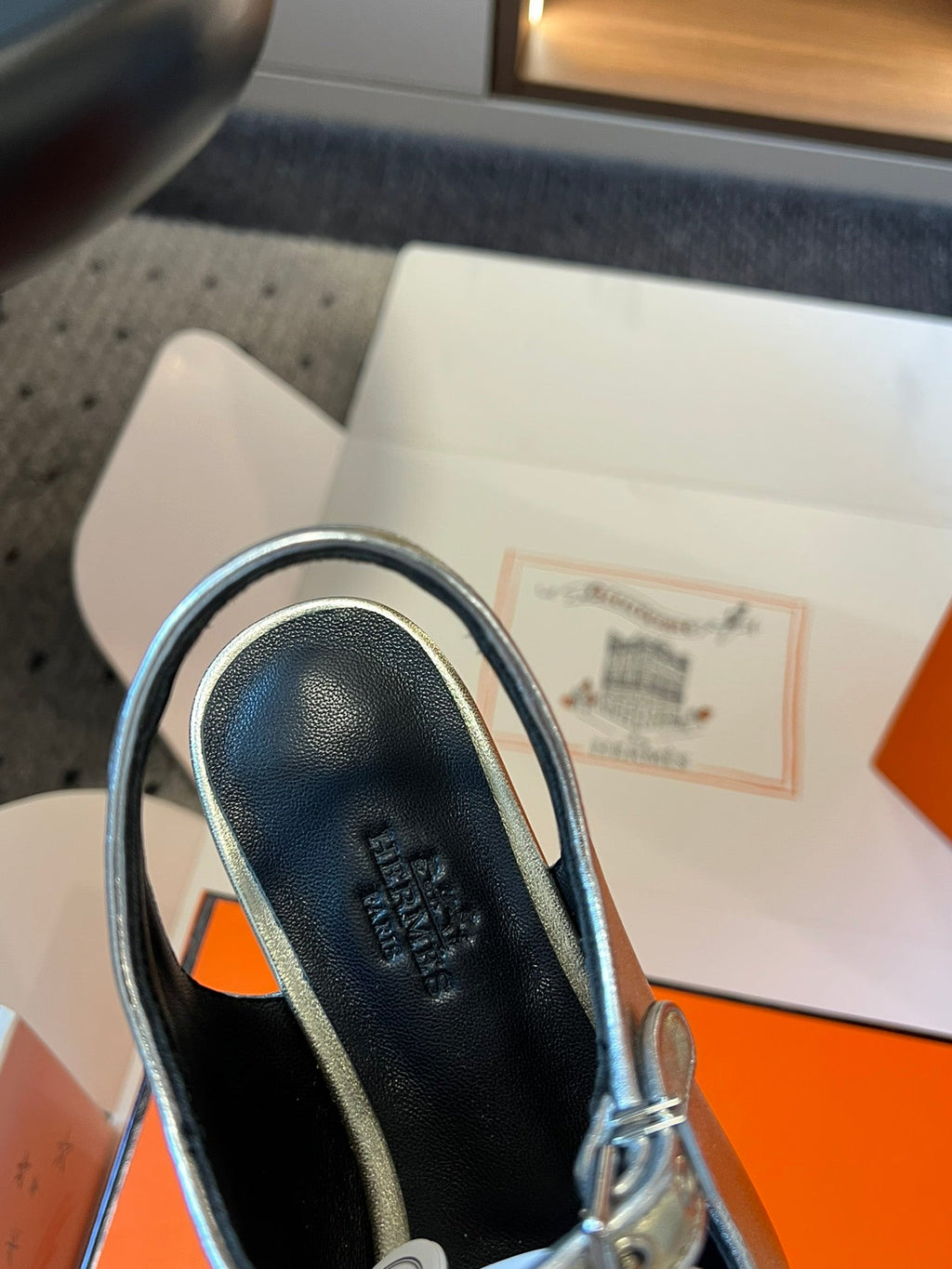 Hermes Kleo Slingback in Silver Calfskin
