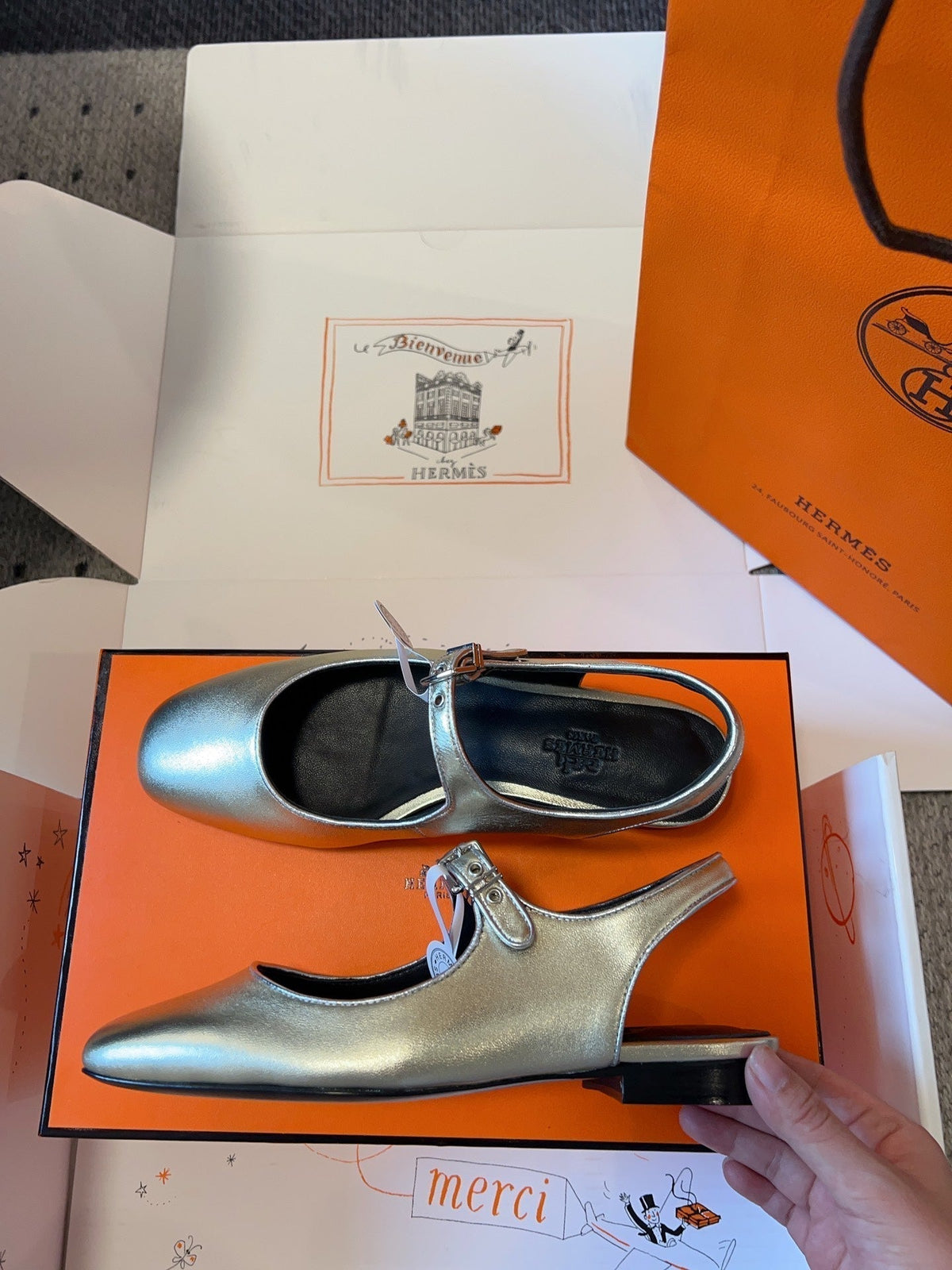 Hermes Kleo Slingback in Silver Calfskin
