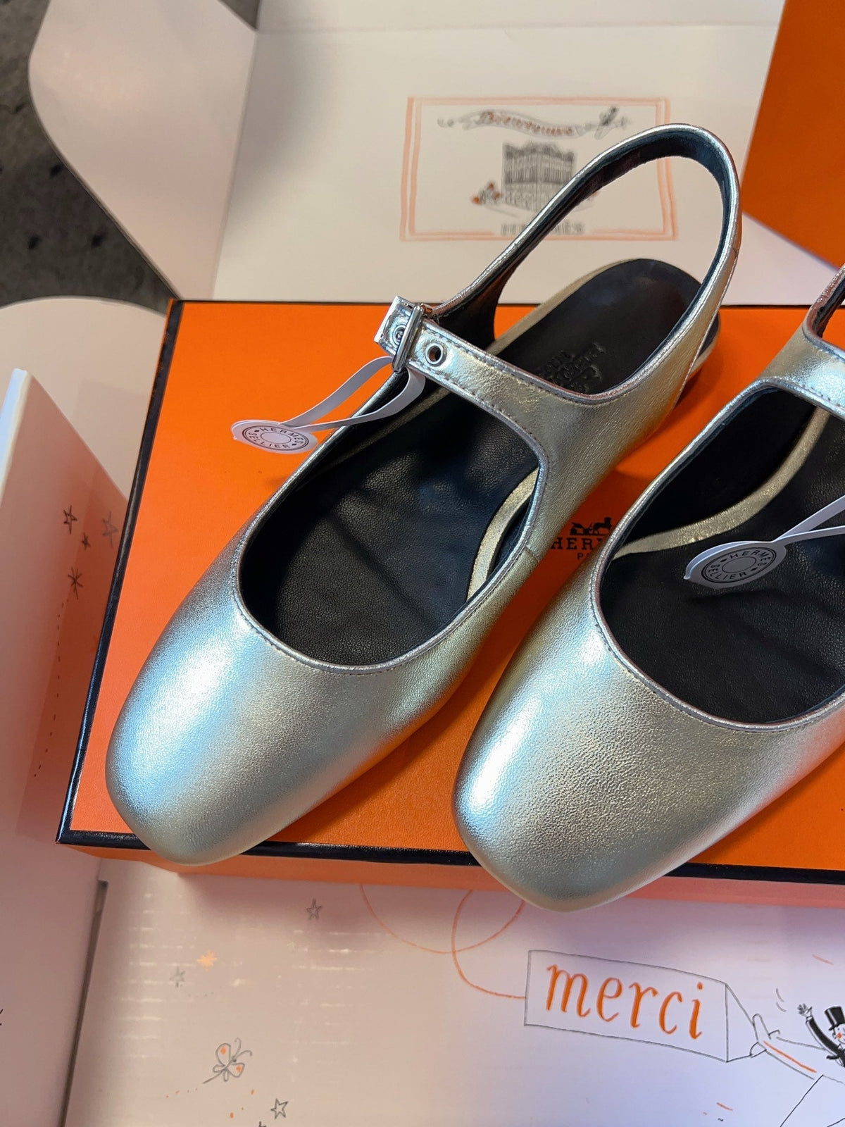 Hermes Kleo Slingback in Silver Calfskin