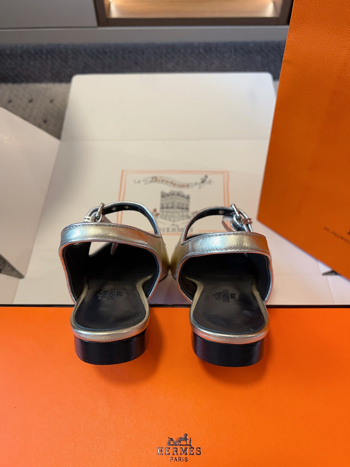 Hermes Kleo Slingback in Silver Calfskin
