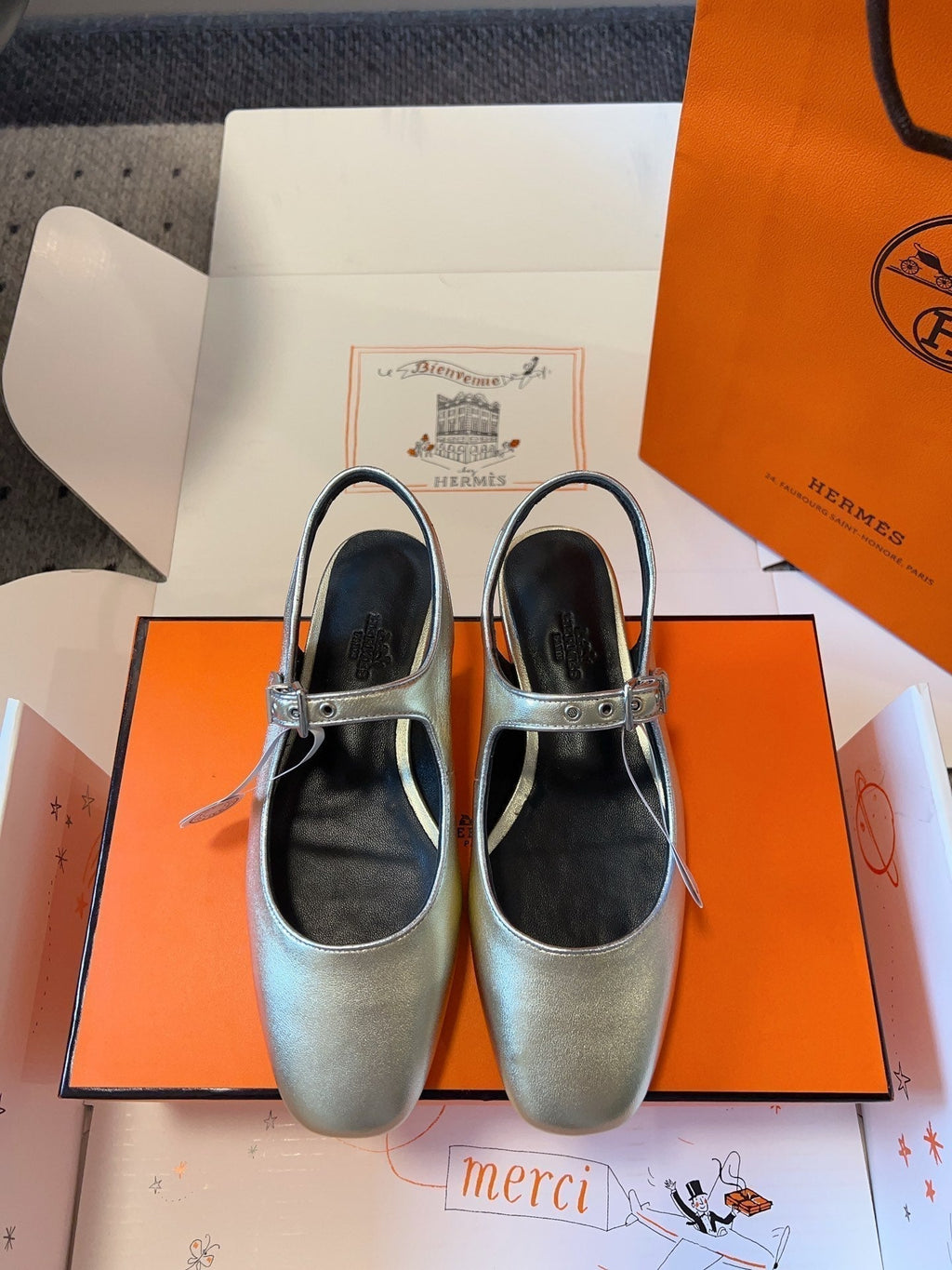 Hermes Kleo Slingback in Silver Calfskin