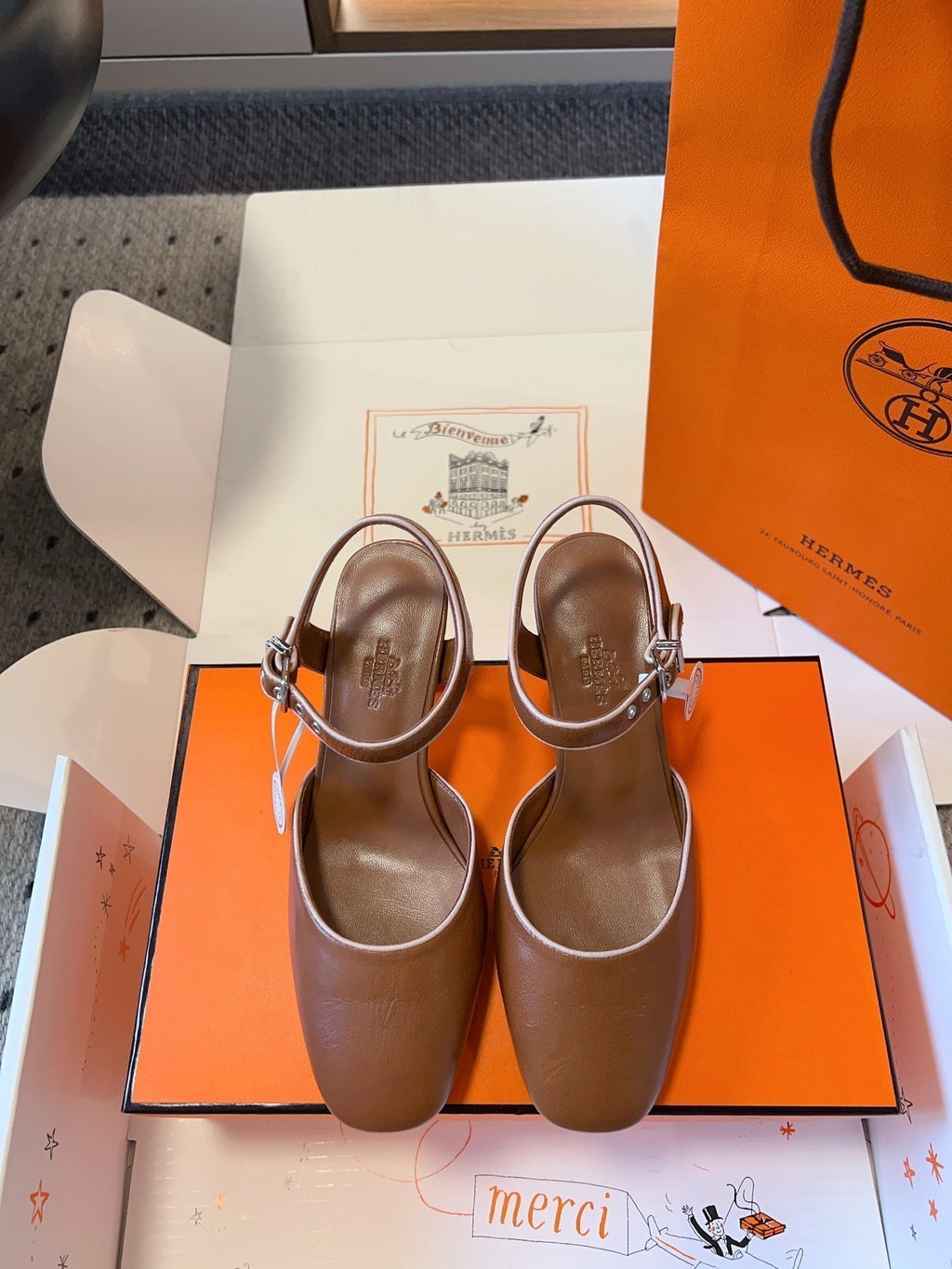 Hermes Kleo High Slingback in Bronze Brown Calfskin