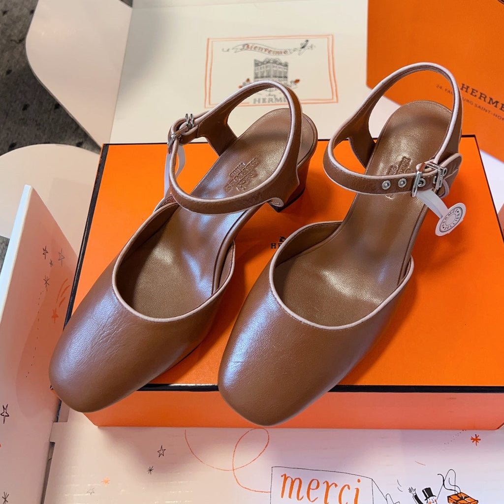 Hermes Kleo High Slingback in Bronze Brown Calfskin