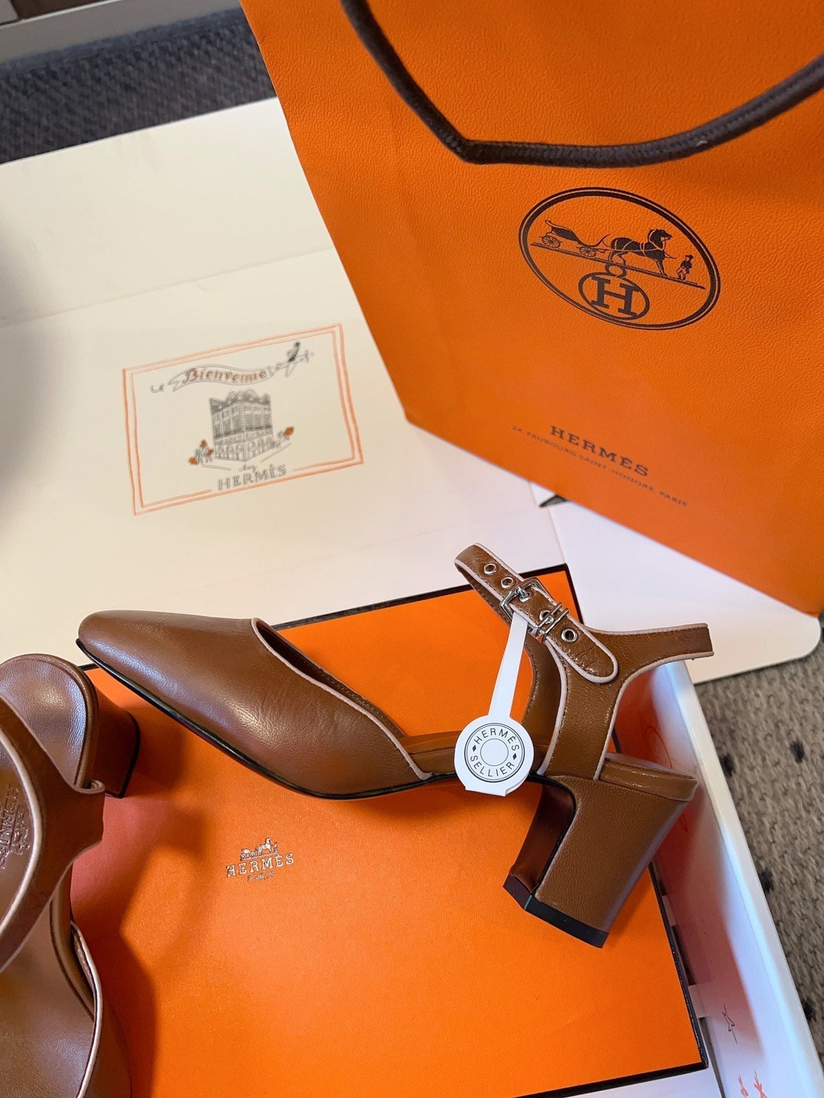 Hermes Kleo High Slingback in Bronze Brown Calfskin