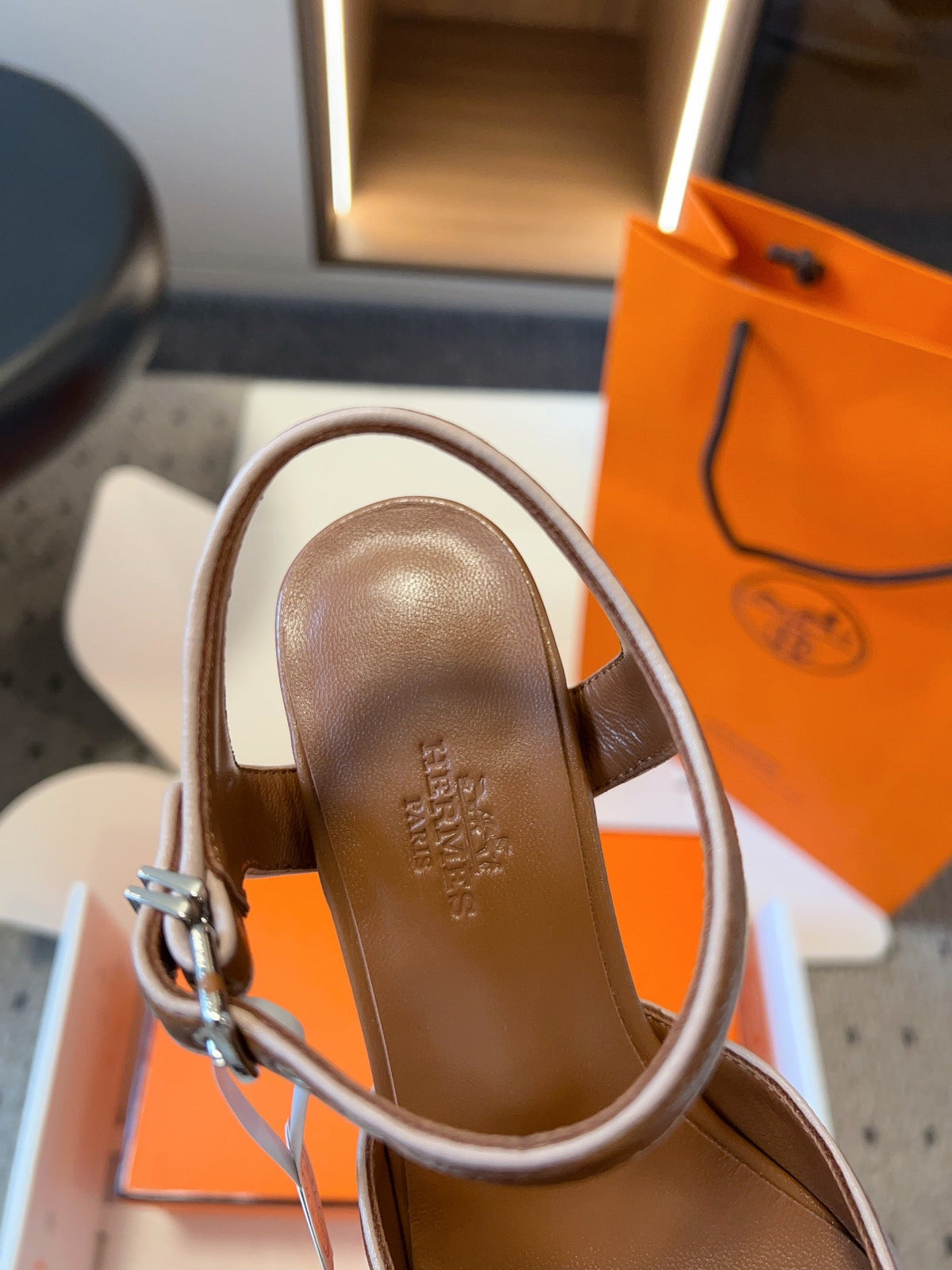 Hermes Kleo High Slingback in Bronze Brown Calfskin