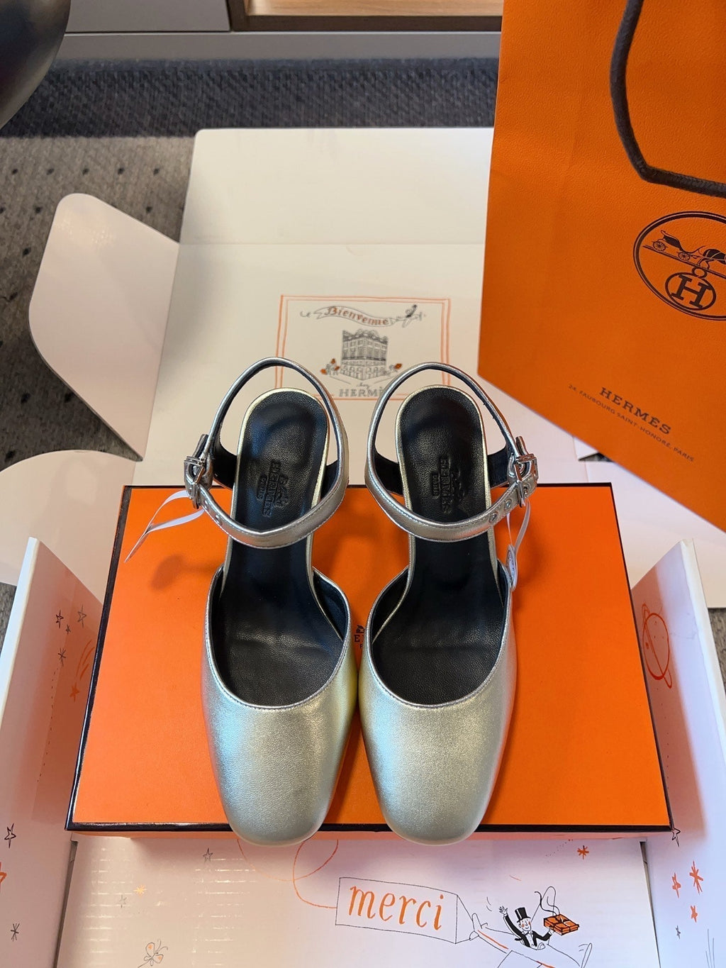 Hermes Kleo High Slingback in Silver Calfskin