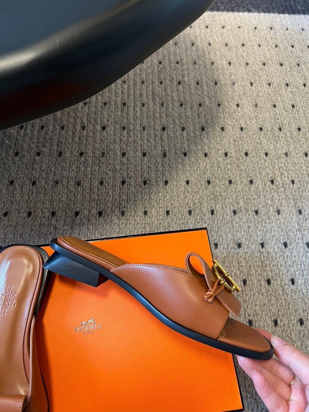 Hermes Ilot Flat Sandal in Bronze Brown Calfskin