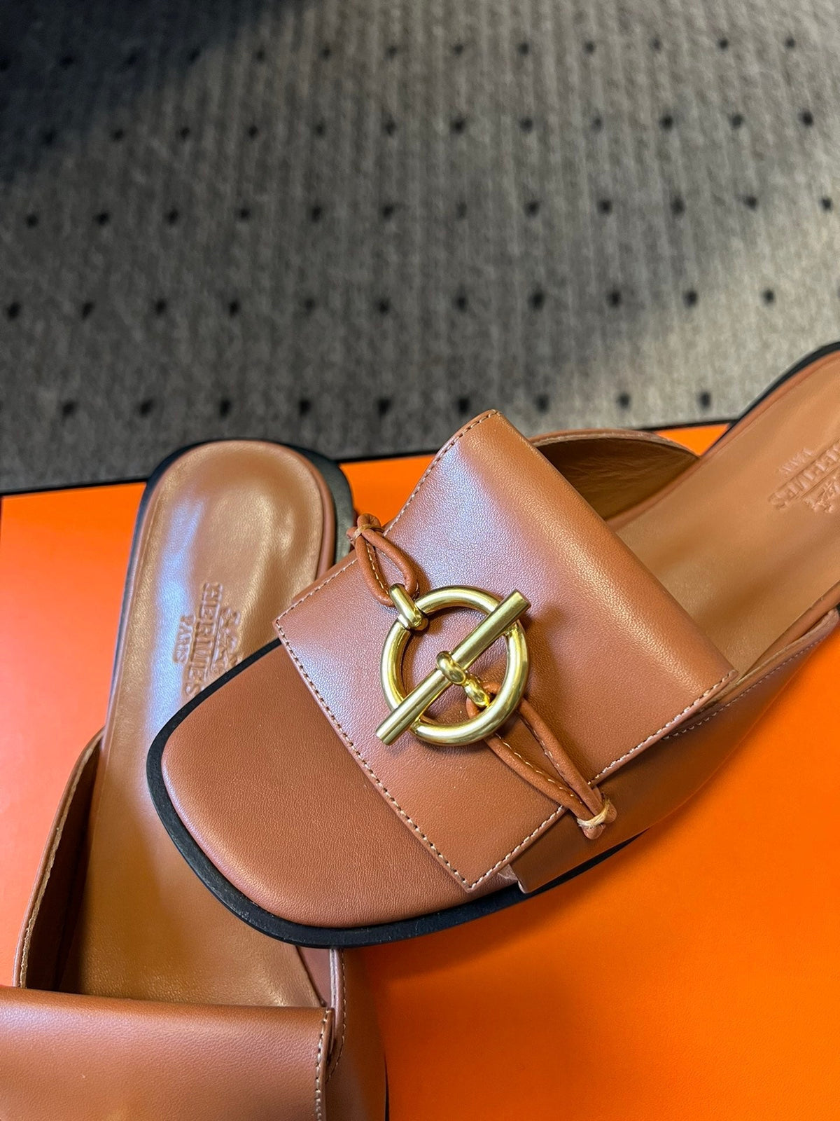 Hermes Ilot Flat Sandal in Bronze Brown Calfskin