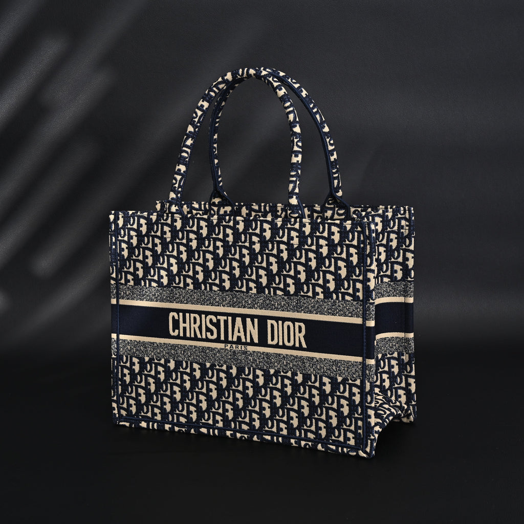 Christian Dior Large Book Tote – Blue Oblique Embroidery - Blue with Beige Contrast