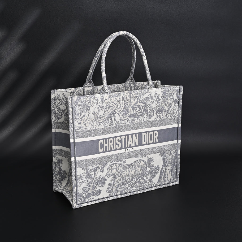 Christian Dior Large Book Tote – Toile De Jouy Embroidery - Classic Grey