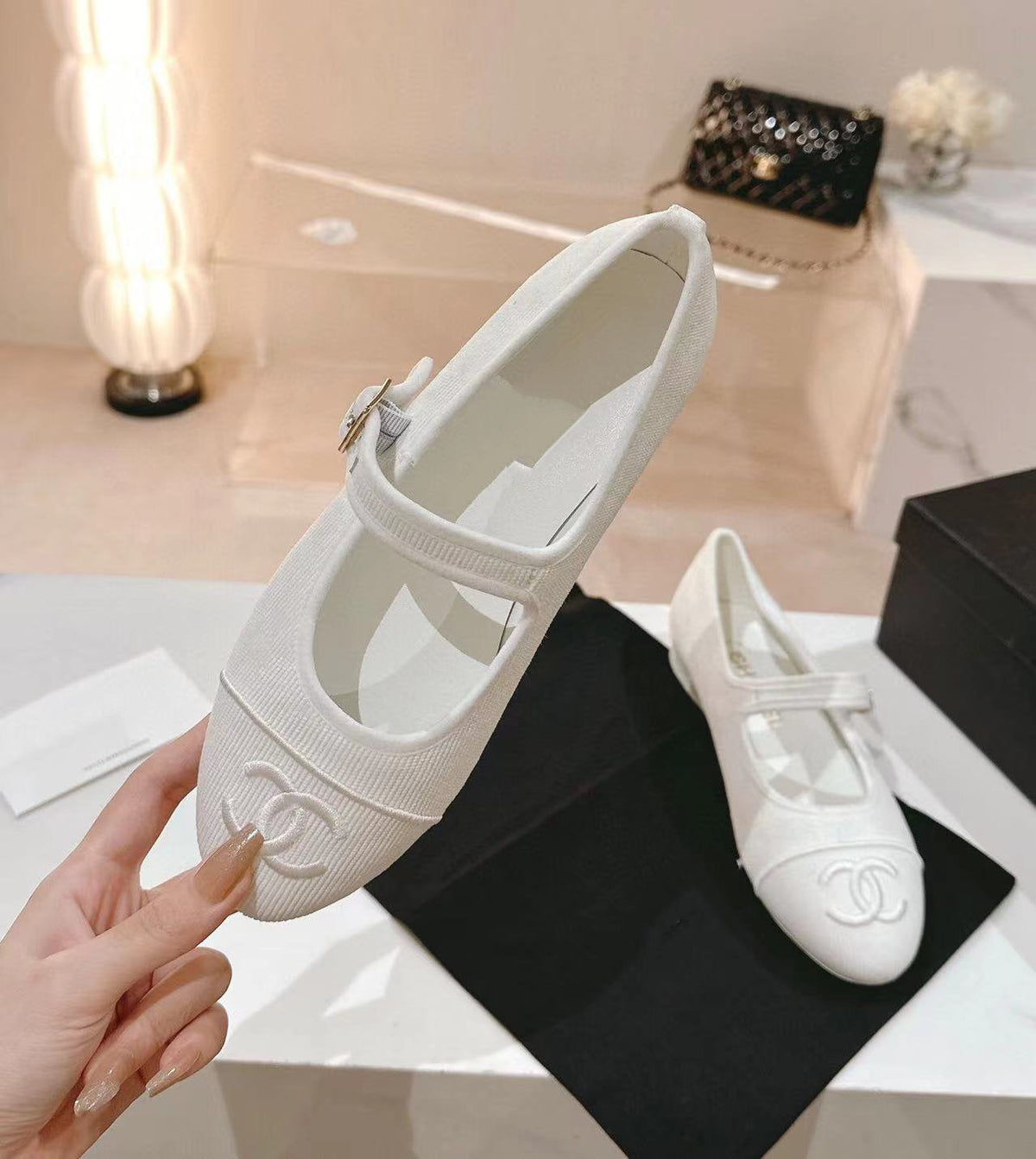 Chanel Mary Jane Flat White Corduroy