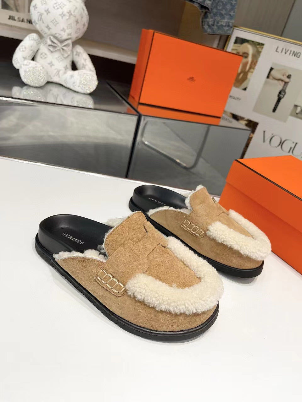 Hermes G0 Mule Beige Suede Shearling