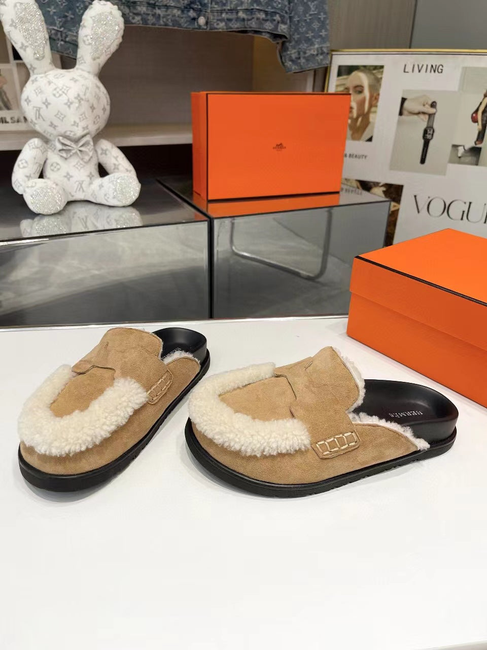 Hermes G0 Mule Beige Suede Shearling