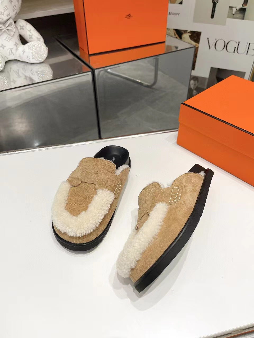 Hermes G0 Mule Beige Suede Shearling
