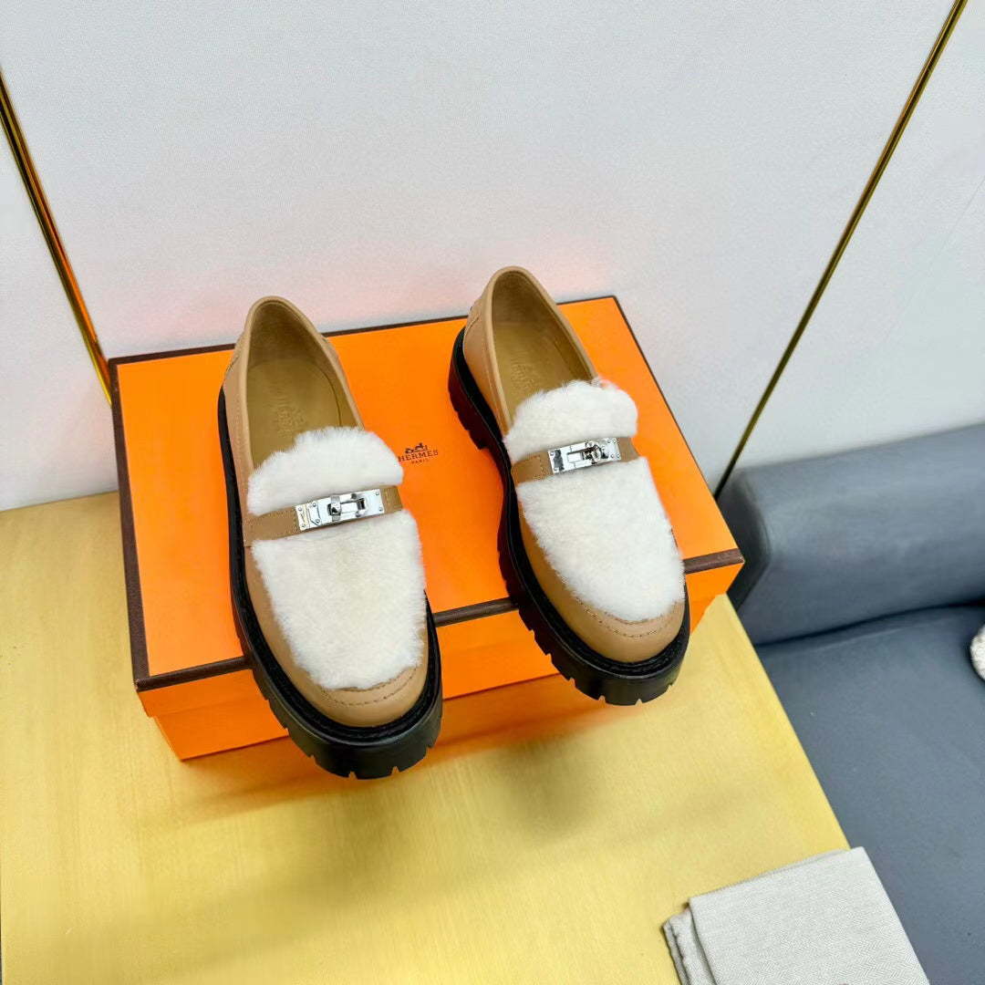 Hermes Icone Loafer Calfskin and Shearling Mustard
