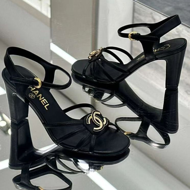 Chanel Hight Sandals 2025 in Black Patent Lambskin