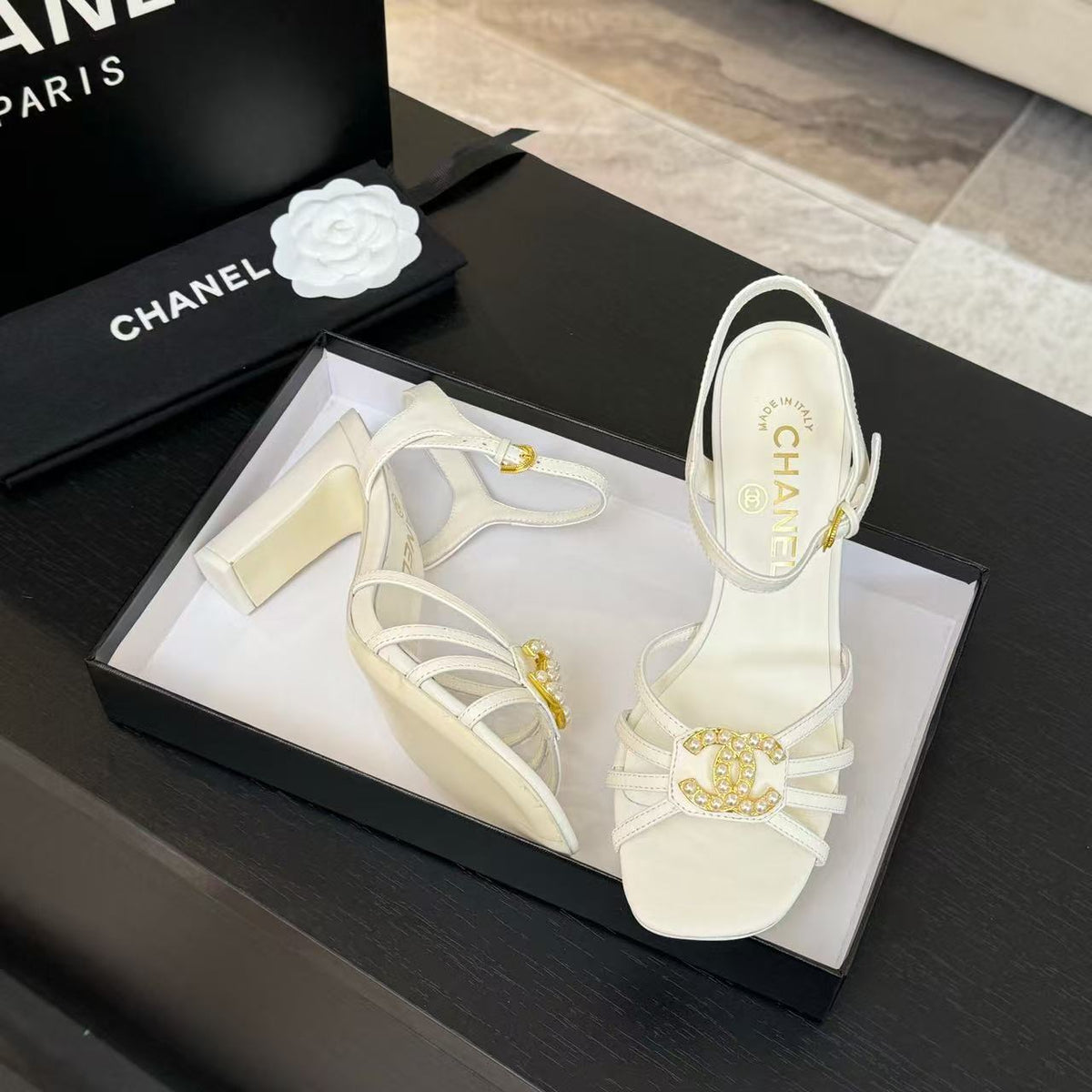 Chanel Hight Sandals 2025 in White Patent Lambskin