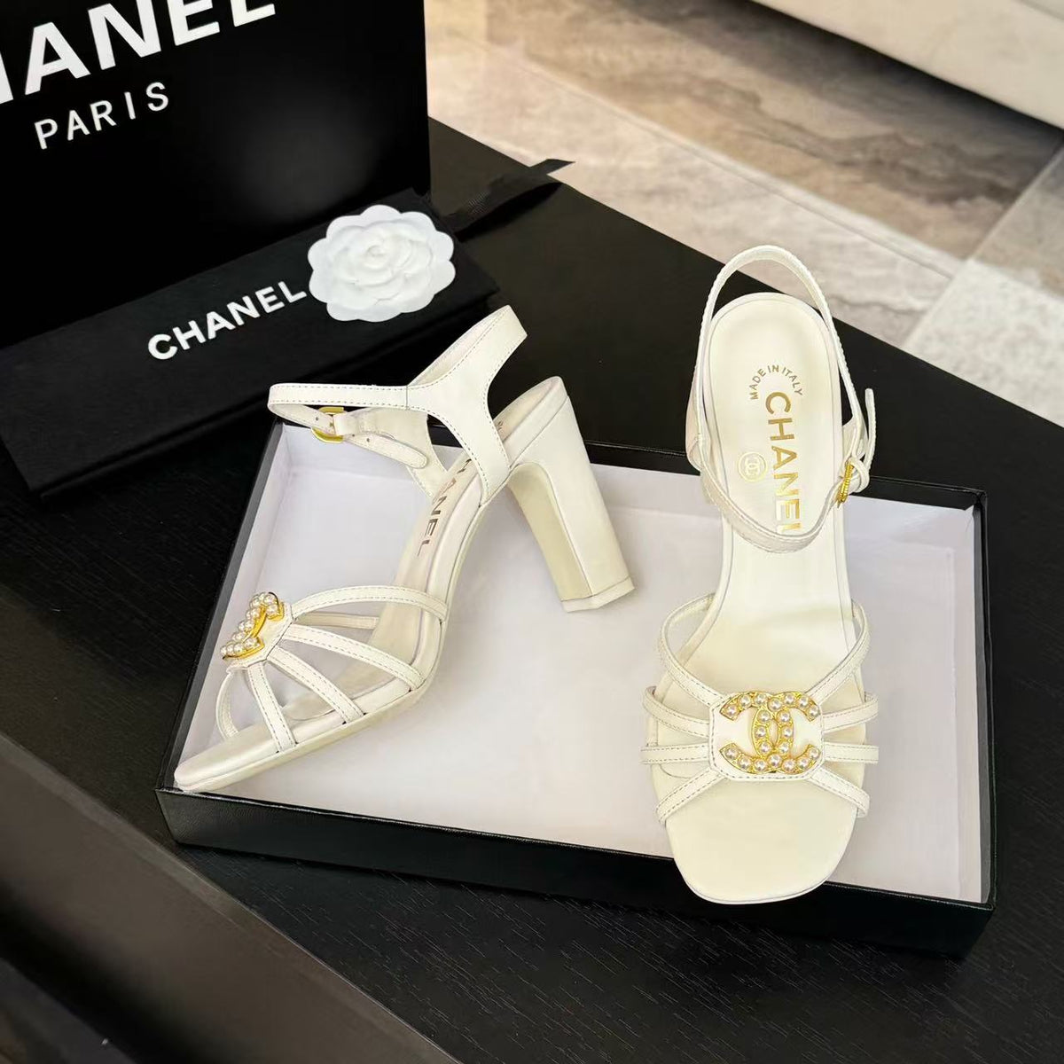 Chanel Hight Sandals 2025 in White Patent Lambskin