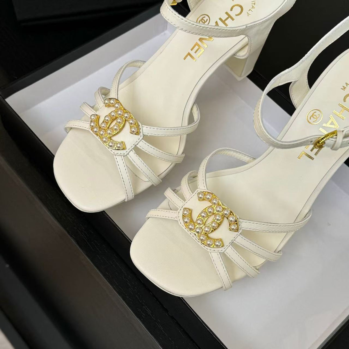 Chanel Hight Sandals 2025 in White Patent Lambskin
