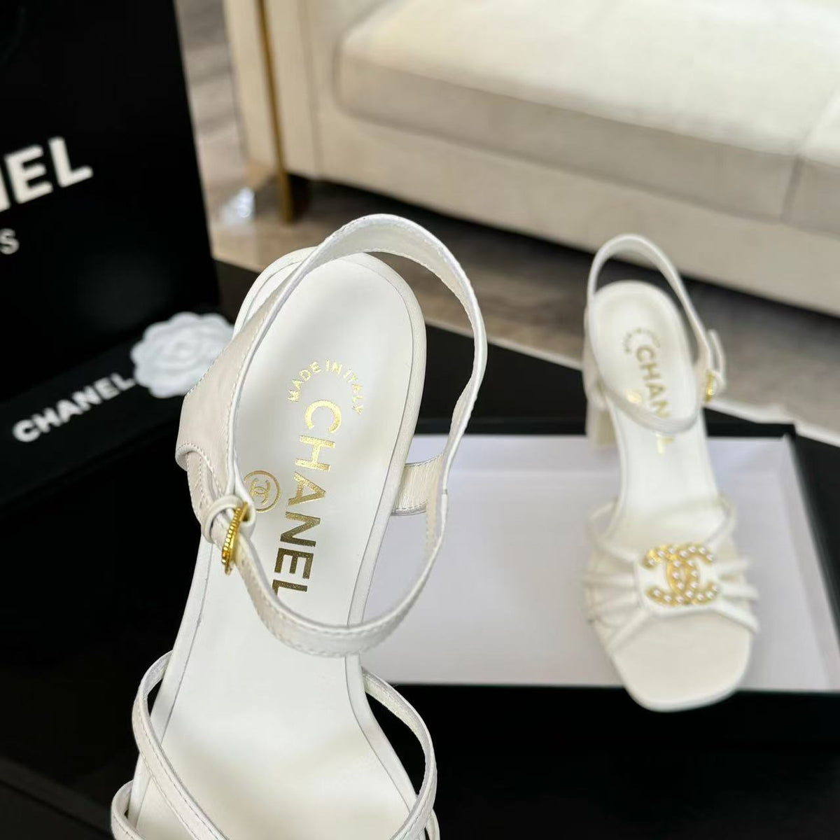 Chanel Hight Sandals 2025 in White Patent Lambskin