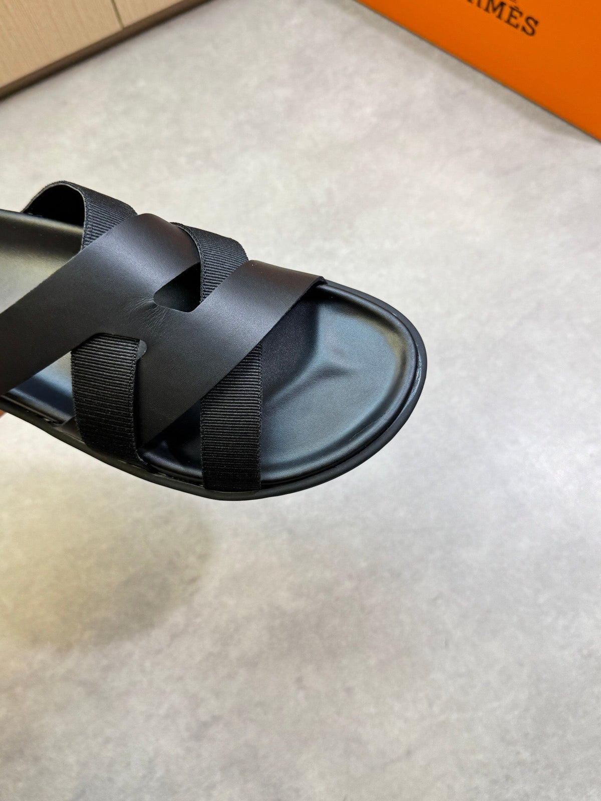 Hermes Kazimir Sandal in Black Calfskin and Canvas