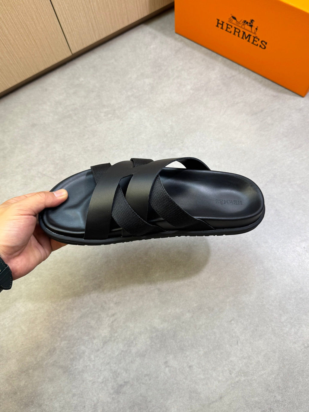 Hermes Kazimir Sandal in Black Calfskin and Canvas