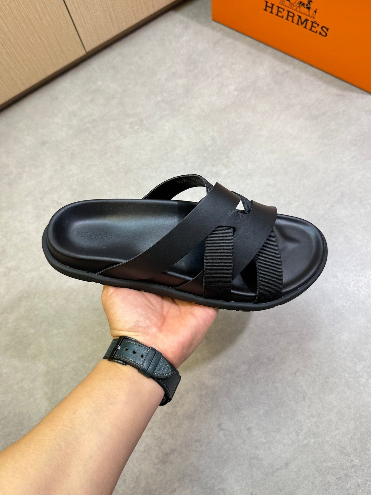 Hermes Kazimir Sandal in Black Calfskin and Canvas