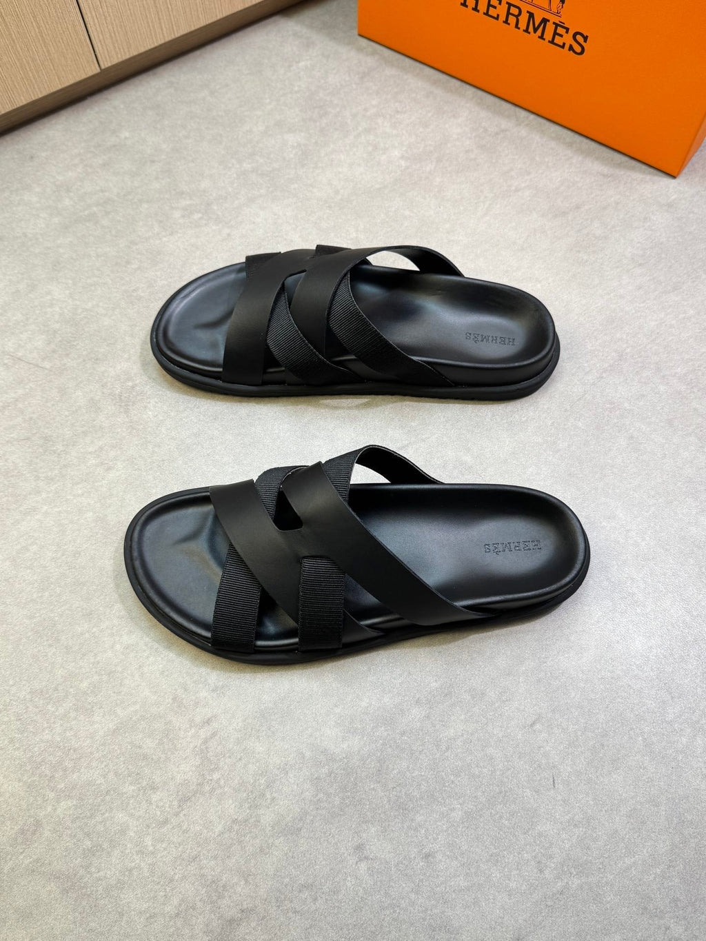 Hermes Kazimir Sandal in Black Calfskin and Canvas