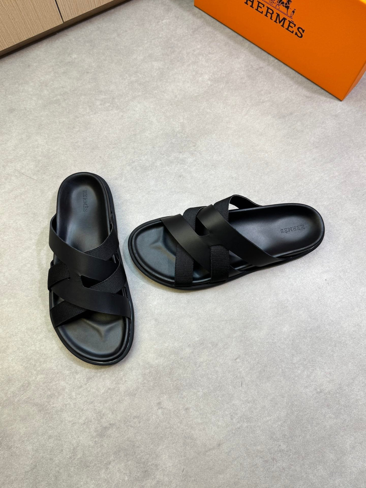 Hermes Kazimir Sandal in Black Calfskin and Canvas