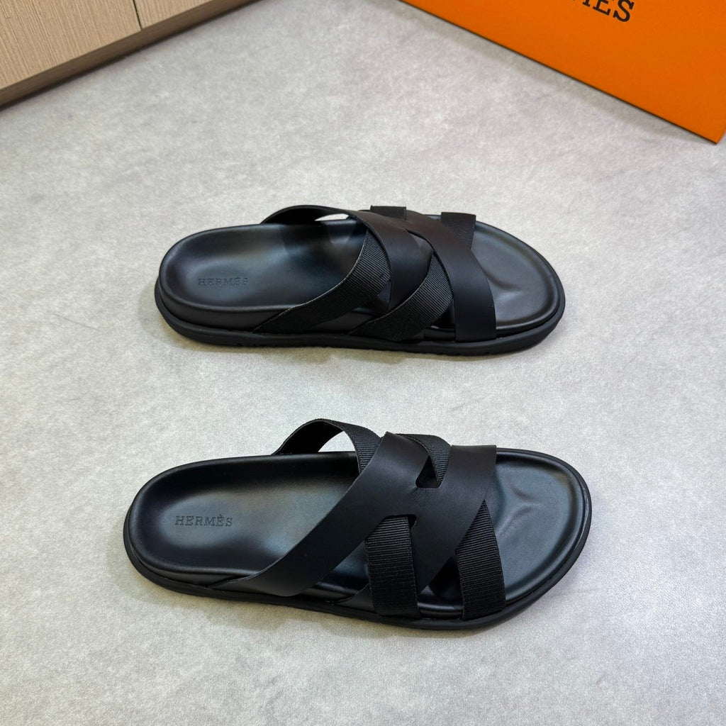 Hermes Kazimir Sandal in Black Calfskin and Canvas