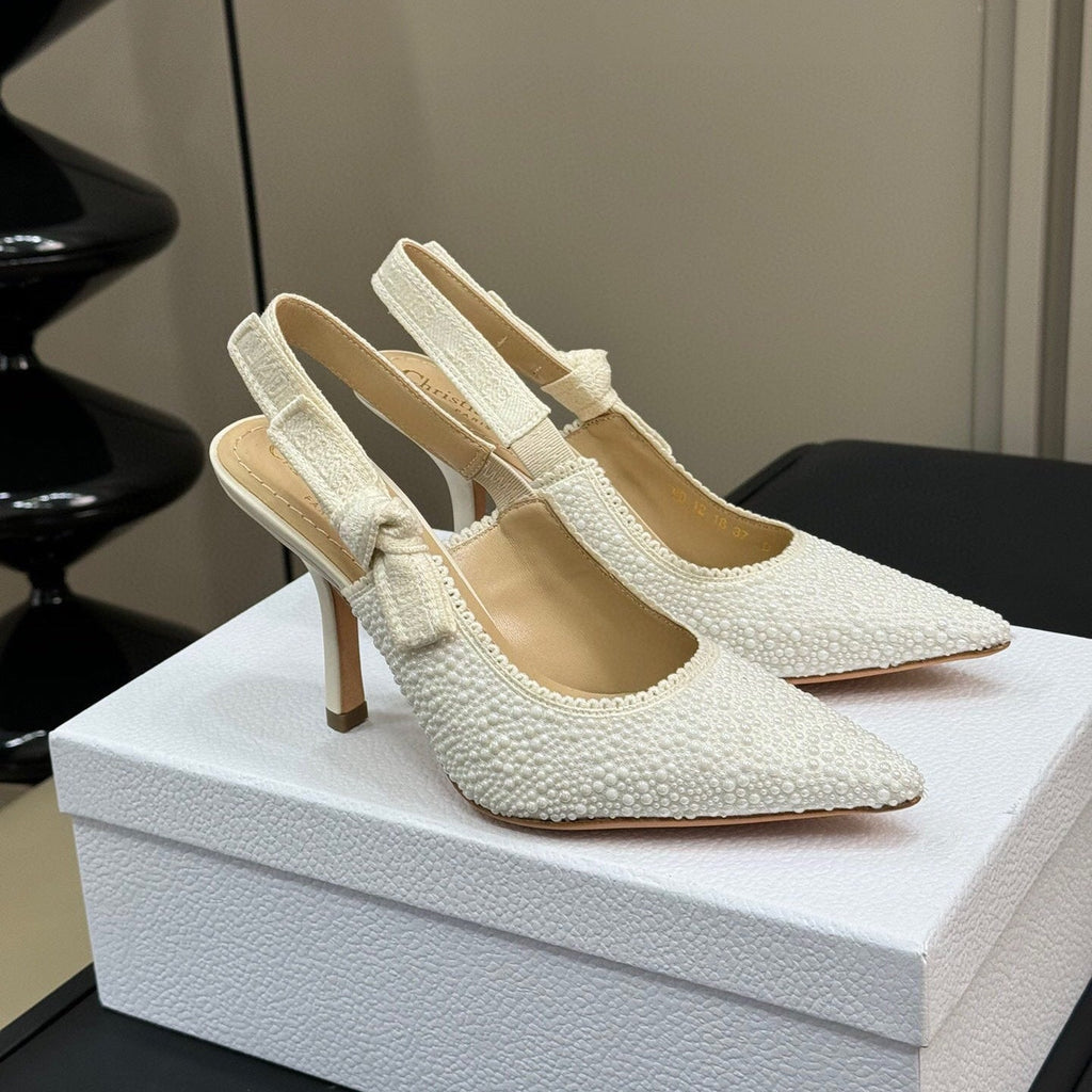 Dior J'A Pointed Toe Slingback Pumps in White Beaded Fabric