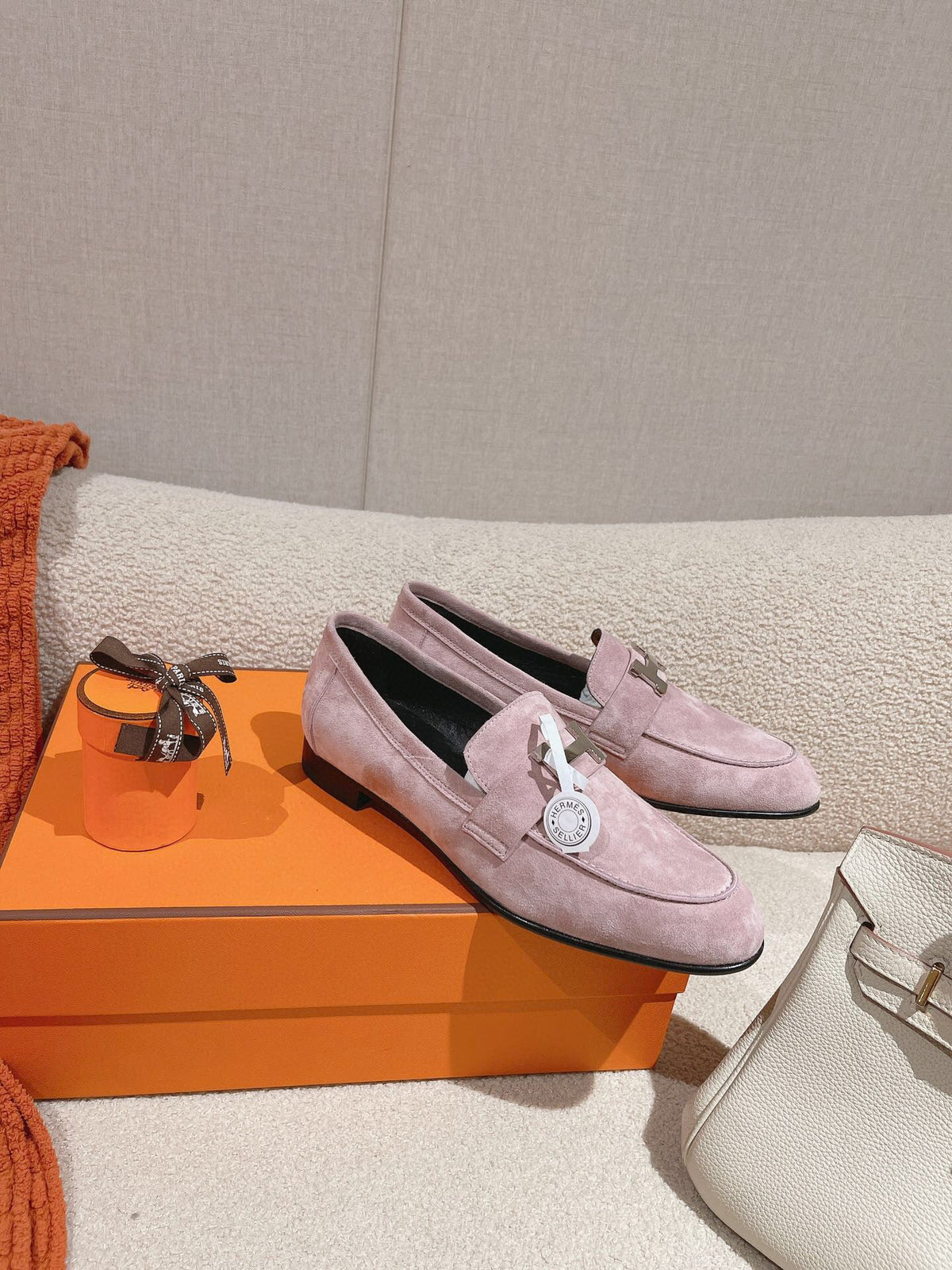 Hermes Paris Loafer in Pink Suede Silver Hardware