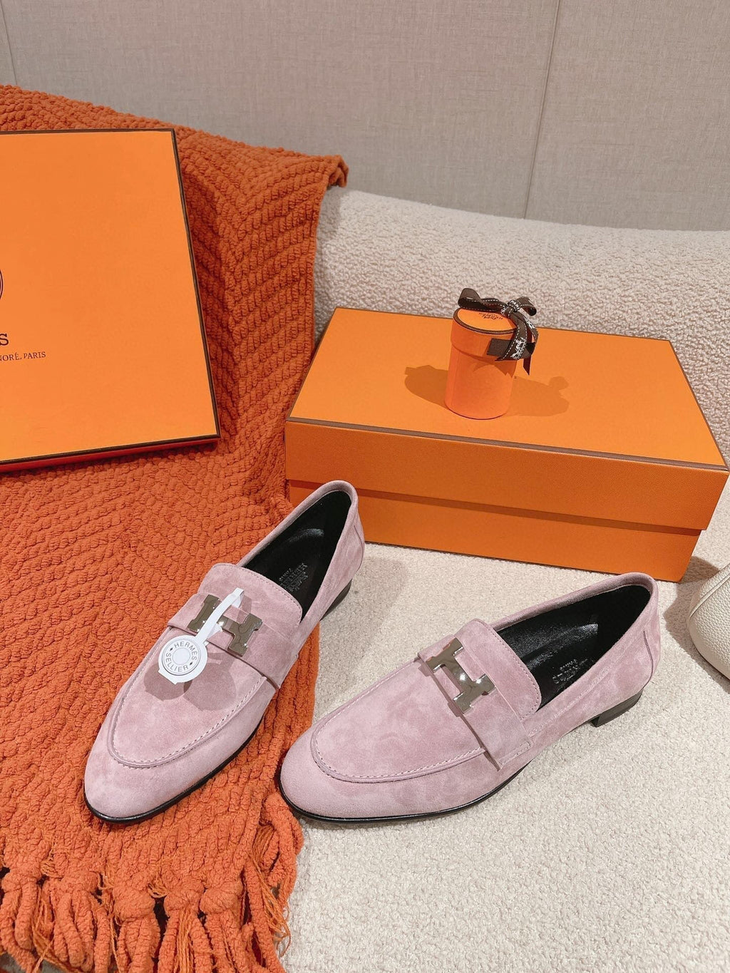 Hermes Paris Loafer in Pink Suede Silver Hardware
