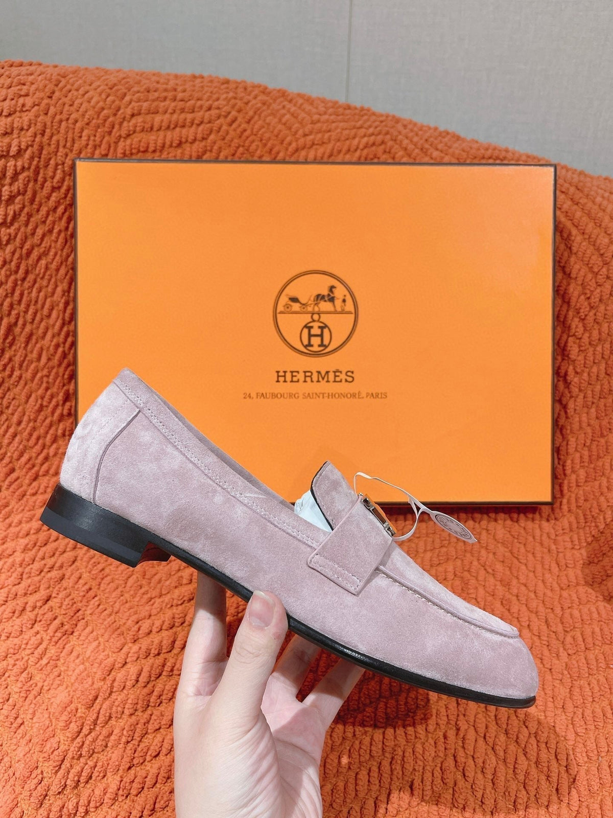 Hermes Paris Loafer in Pink Suede Silver Hardware