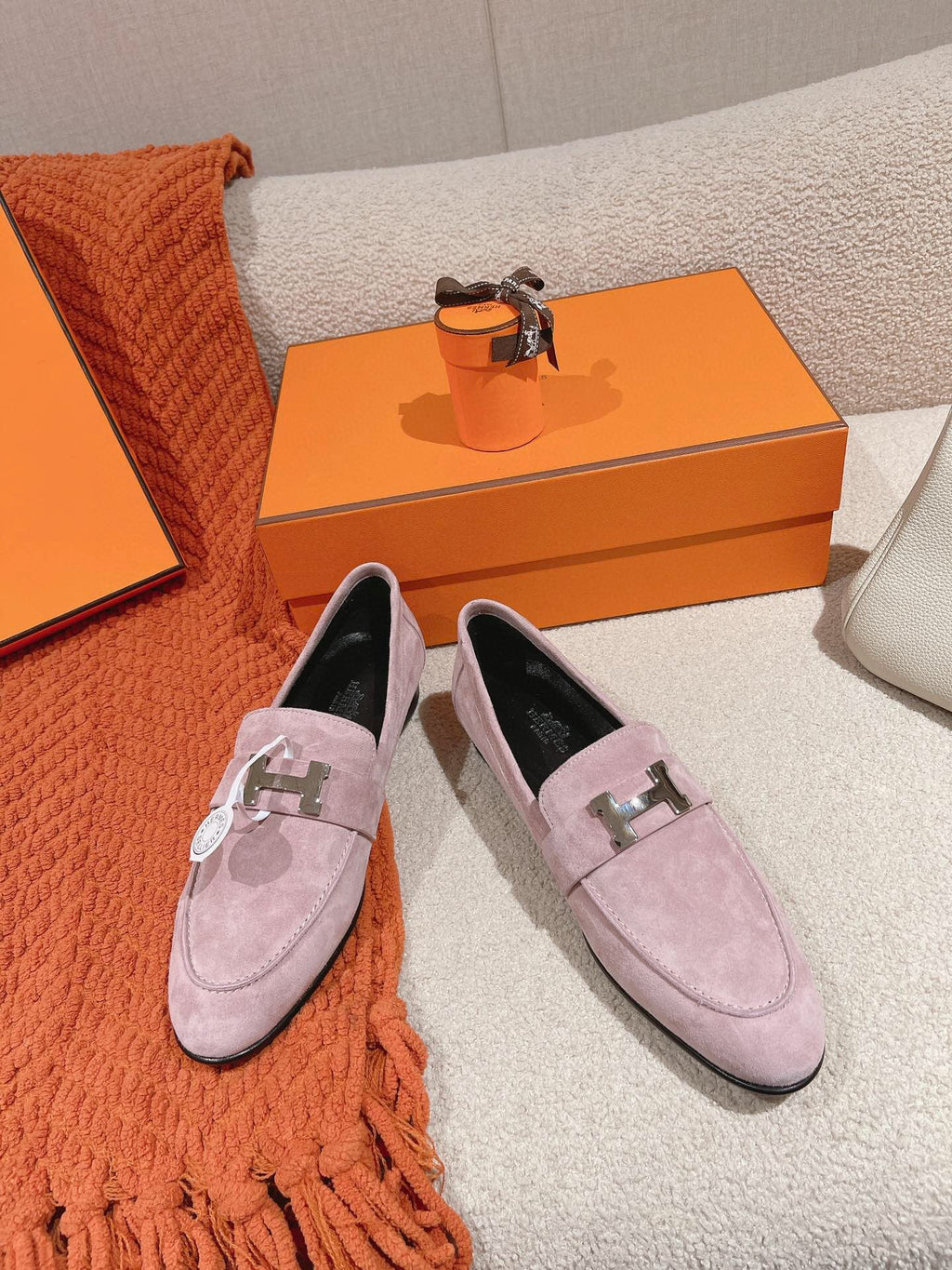 Hermes Paris Loafer in Pink Suede Silver Hardware