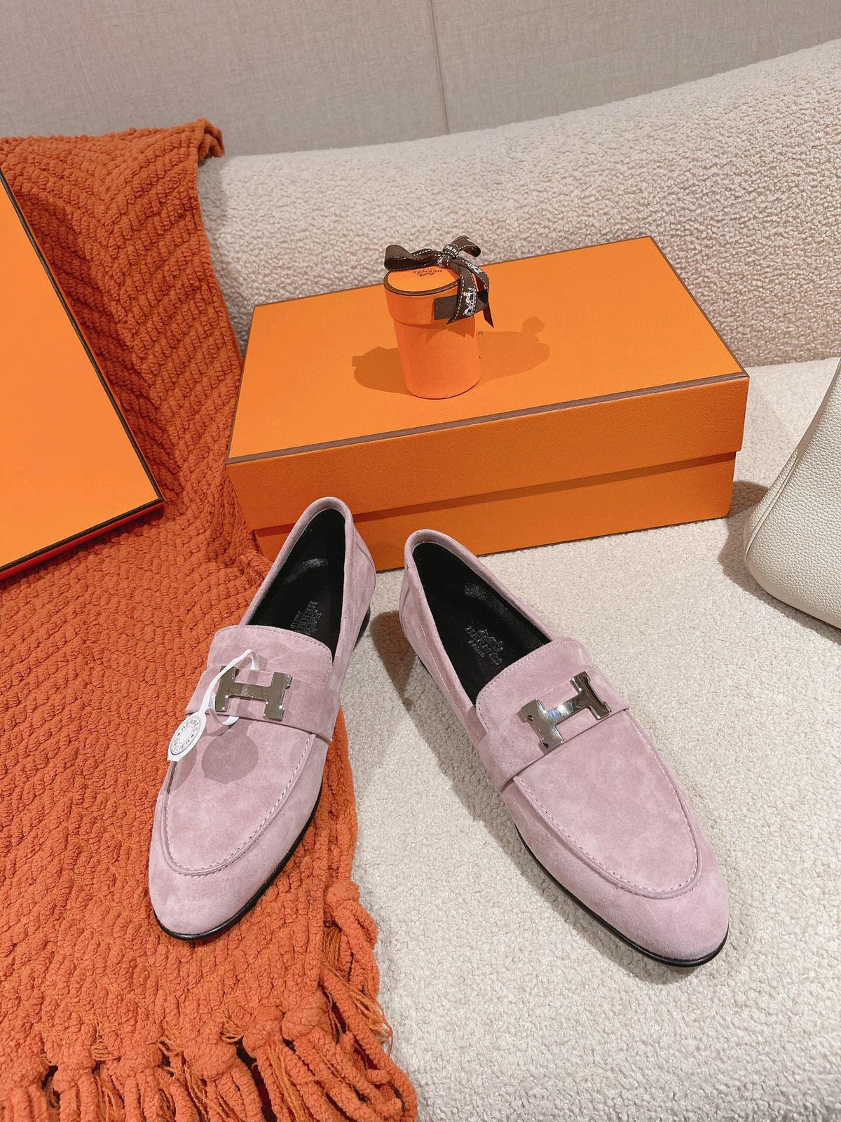 Hermes Paris Loafer in Pink Suede Silver Hardware