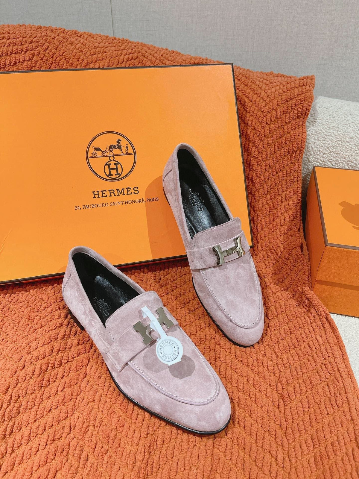 Hermes Paris Loafer in Pink Suede Silver Hardware