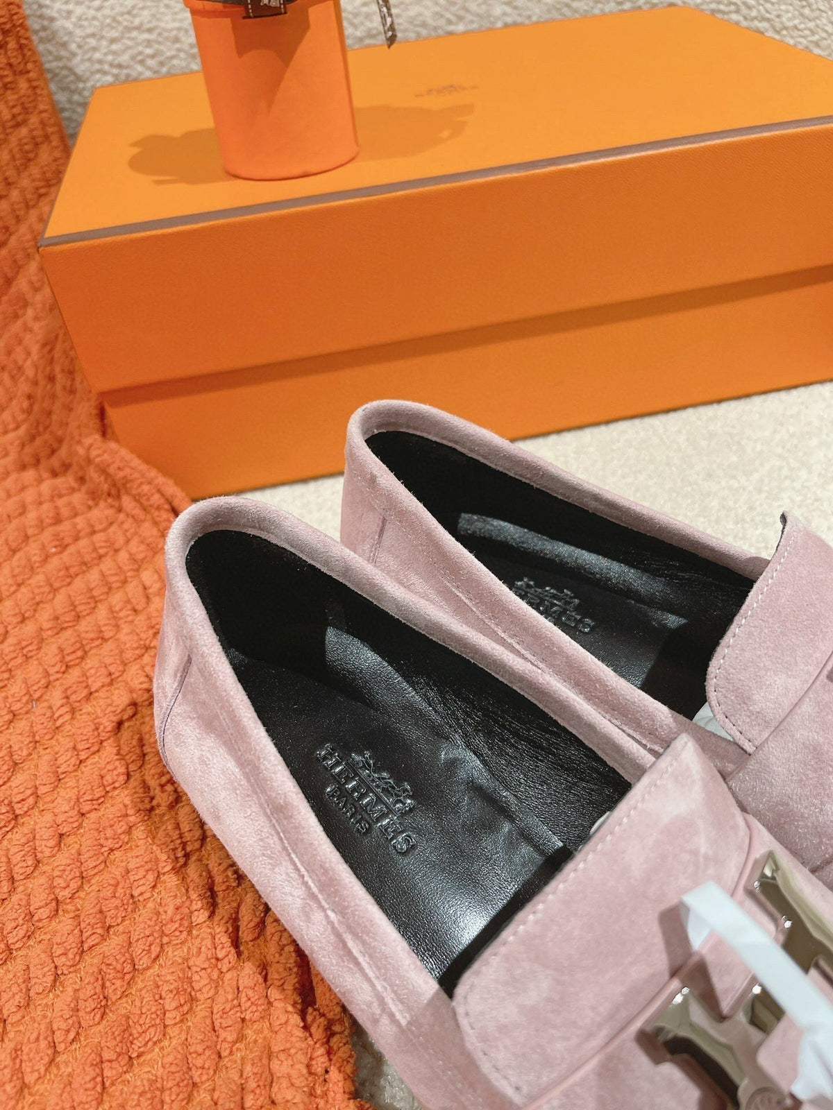 Hermes Paris Loafer in Pink Suede Silver Hardware