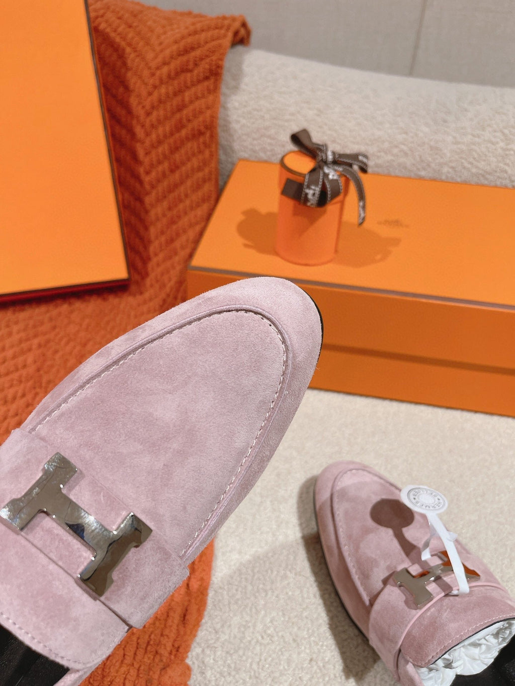 Hermes Paris Loafer in Pink Suede Silver Hardware