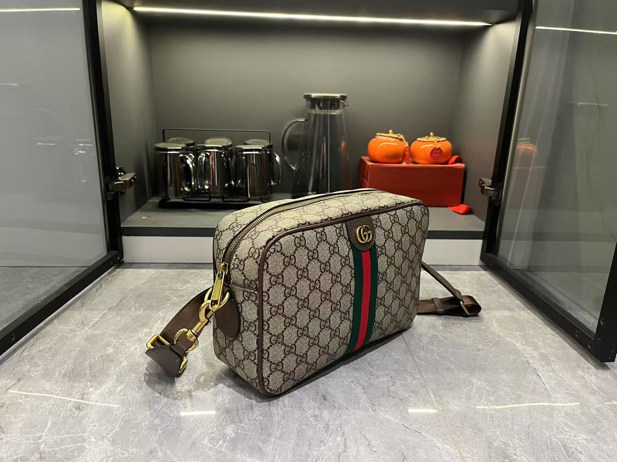 Gucci Ophidia Medium GG Supreme Canvas Shoulder Crossbody Bag with Web Stripe and Leather Trim
