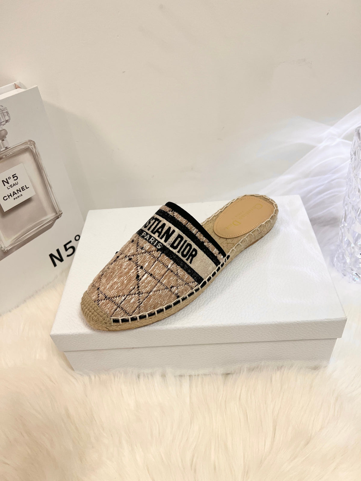 Dior Granville Espadrille Camel Beige Oblique Embroidered Cotton Mule