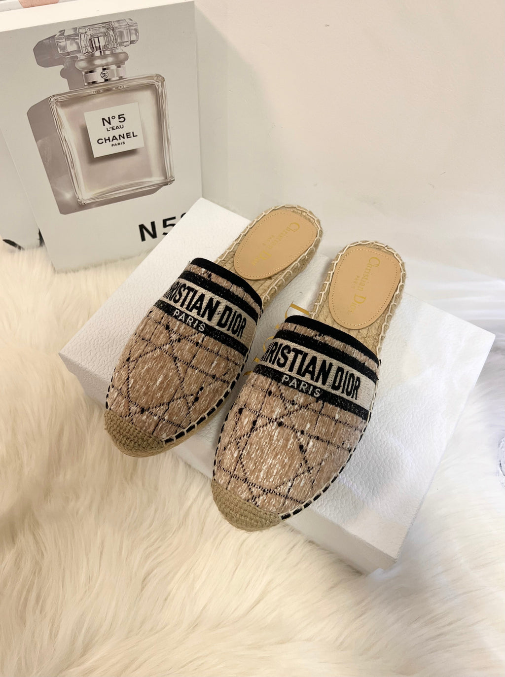 Dior Granville Espadrille Camel Beige Oblique Embroidered Cotton Mule